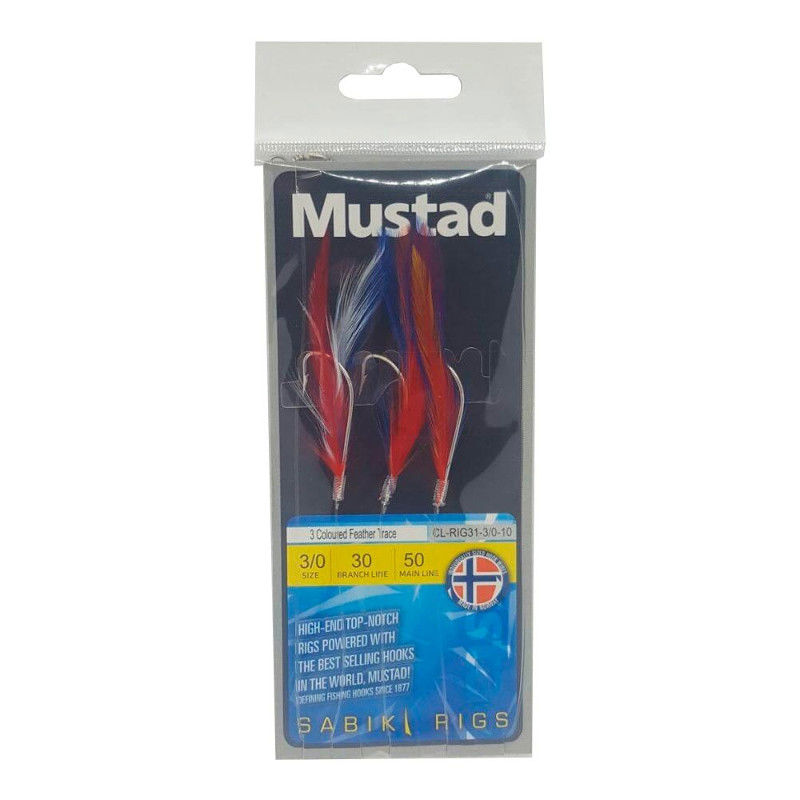 Mustad Sabiki 3 Hook Coloured Feather Trace